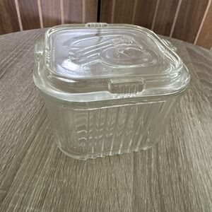 Vintage Federal Glass Ribbed Refrigerator Dish with Lid, Embossed Vegetables